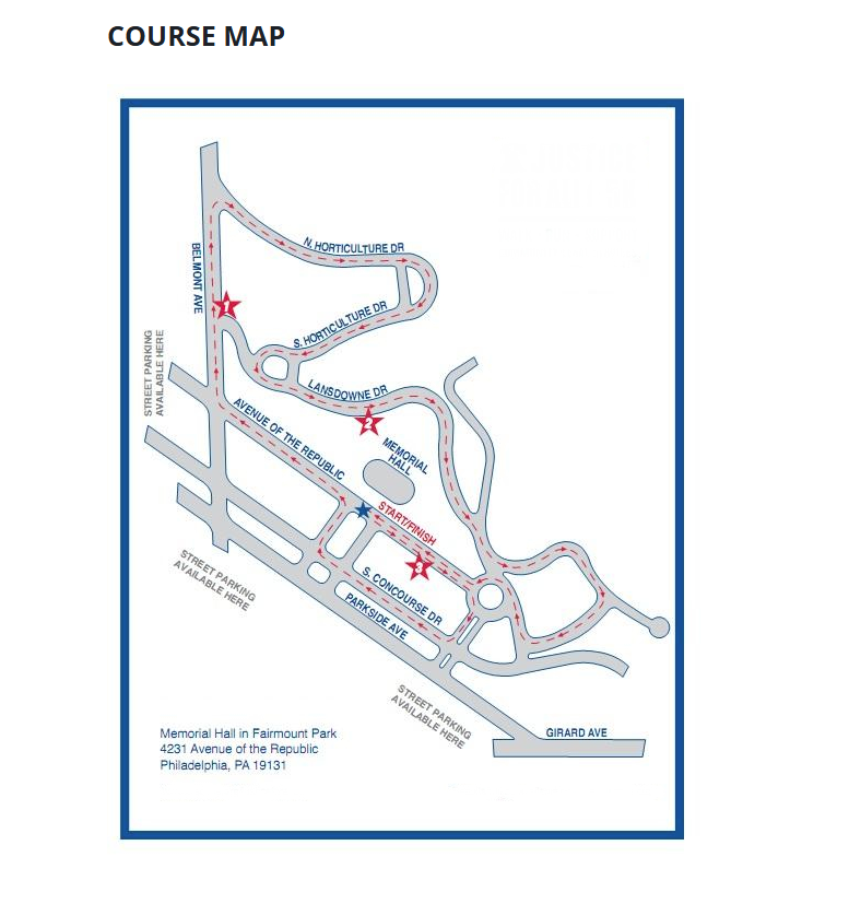 Ring It On 5K course map showing the 5K route through Fairmount Park starting and finishing at Memorial Hall, 4231 Avenue of the Republic, Philadelphia, PA 19131